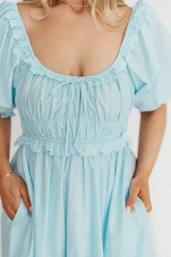 Clearance Worth Collective 100% Cotton Crissy Ruched Midi Dress in Baby Blue - Bump Friendly