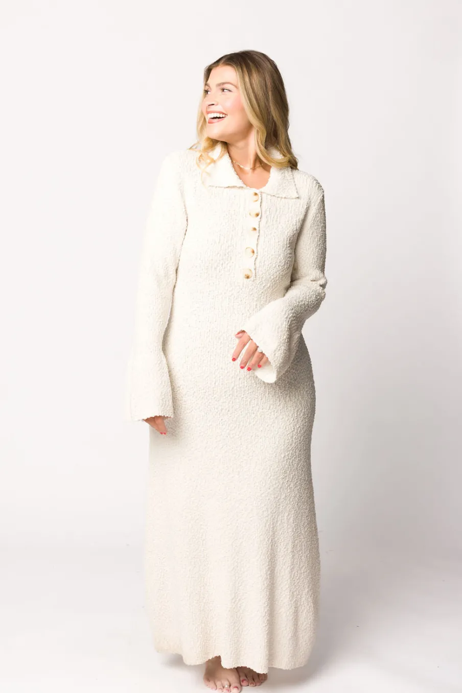 Best Worth Collective Courtney Boucle Maxi Shirt Dress in Cream- Nursing Friendly
