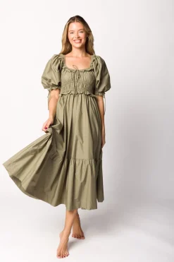 Hot Worth Collective Crissy Ruched Midi Dress in Dusty Olive - Bump Friendly
