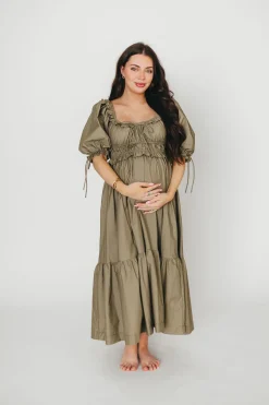 Hot Worth Collective Crissy Ruched Midi Dress in Dusty Olive - Bump Friendly