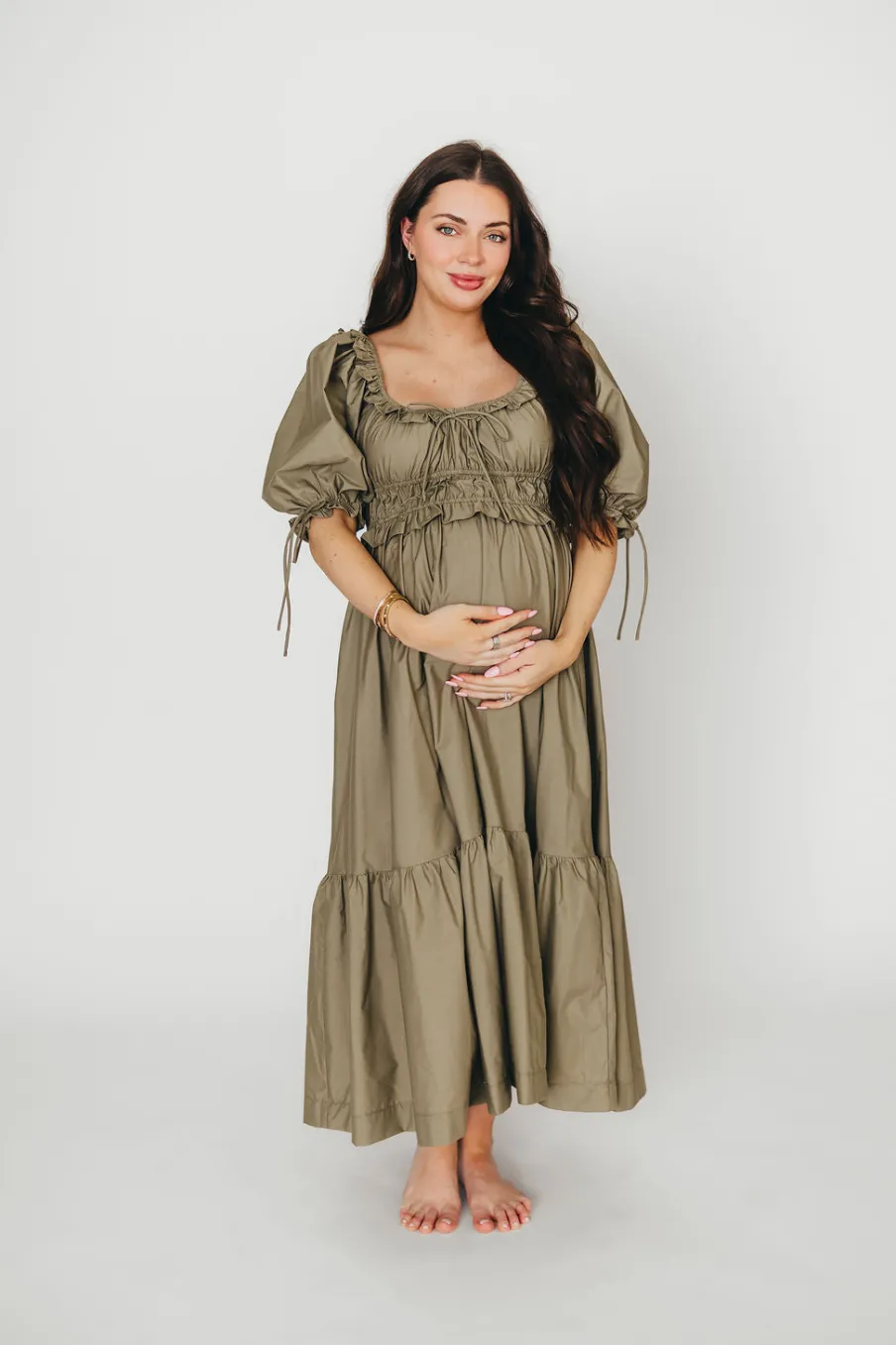 Hot Worth Collective Crissy Ruched Midi Dress in Dusty Olive - Bump Friendly