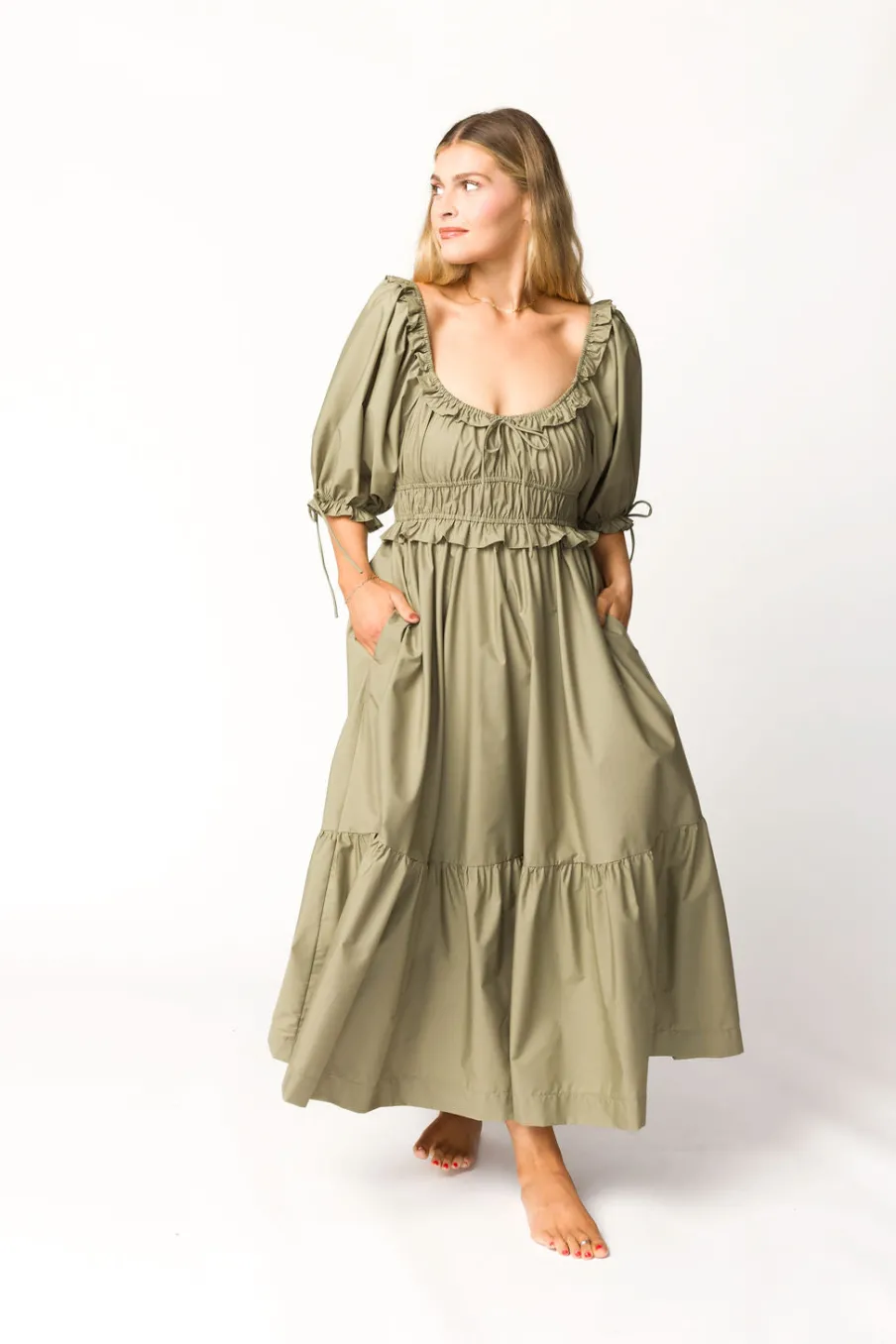 Hot Worth Collective Crissy Ruched Midi Dress in Dusty Olive - Bump Friendly