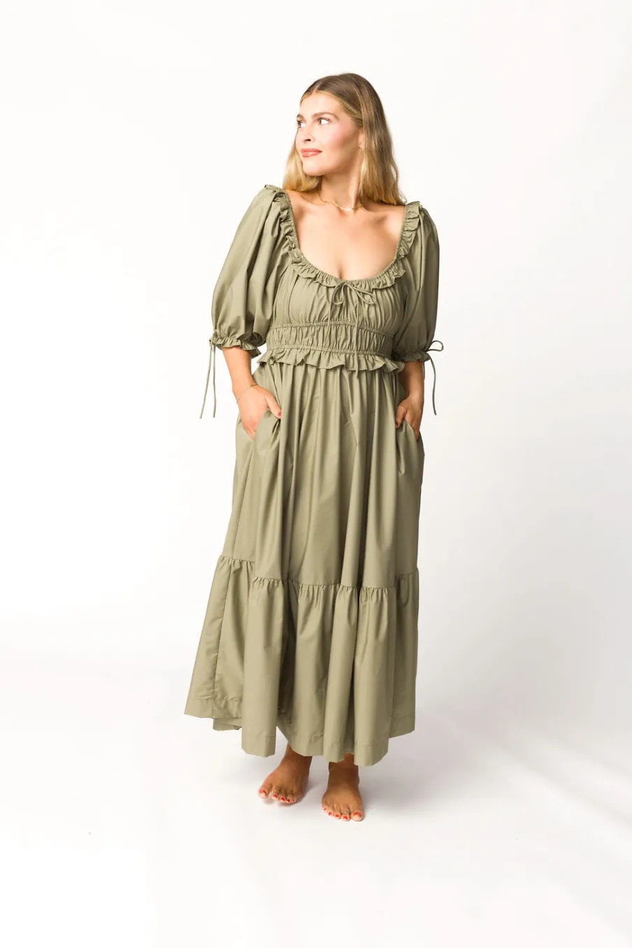 Hot Worth Collective Crissy Ruched Midi Dress in Dusty Olive - Bump Friendly