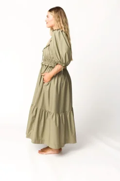Hot Worth Collective Crissy Ruched Midi Dress in Dusty Olive - Bump Friendly