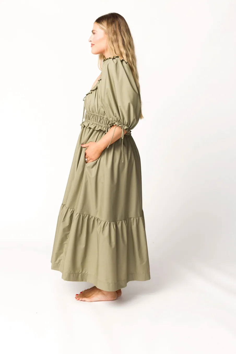 Hot Worth Collective Crissy Ruched Midi Dress in Dusty Olive - Bump Friendly