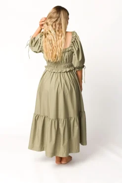 Hot Worth Collective Crissy Ruched Midi Dress in Dusty Olive - Bump Friendly
