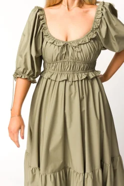 Hot Worth Collective Crissy Ruched Midi Dress in Dusty Olive - Bump Friendly