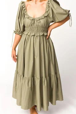 Hot Worth Collective Crissy Ruched Midi Dress in Dusty Olive - Bump Friendly