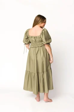 Hot Worth Collective Crissy Ruched Midi Dress in Dusty Olive - Bump Friendly