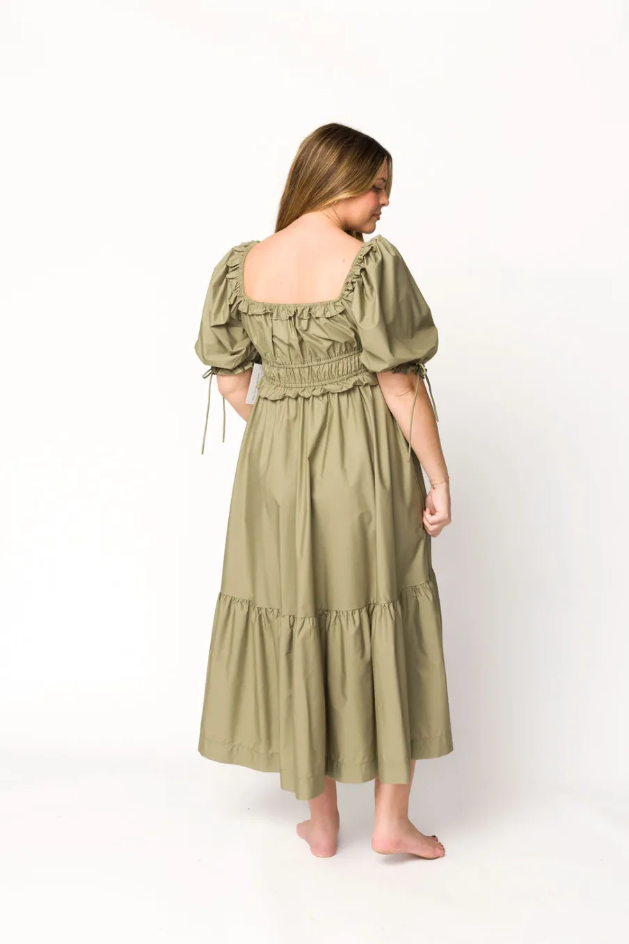 Hot Worth Collective Crissy Ruched Midi Dress in Dusty Olive - Bump Friendly