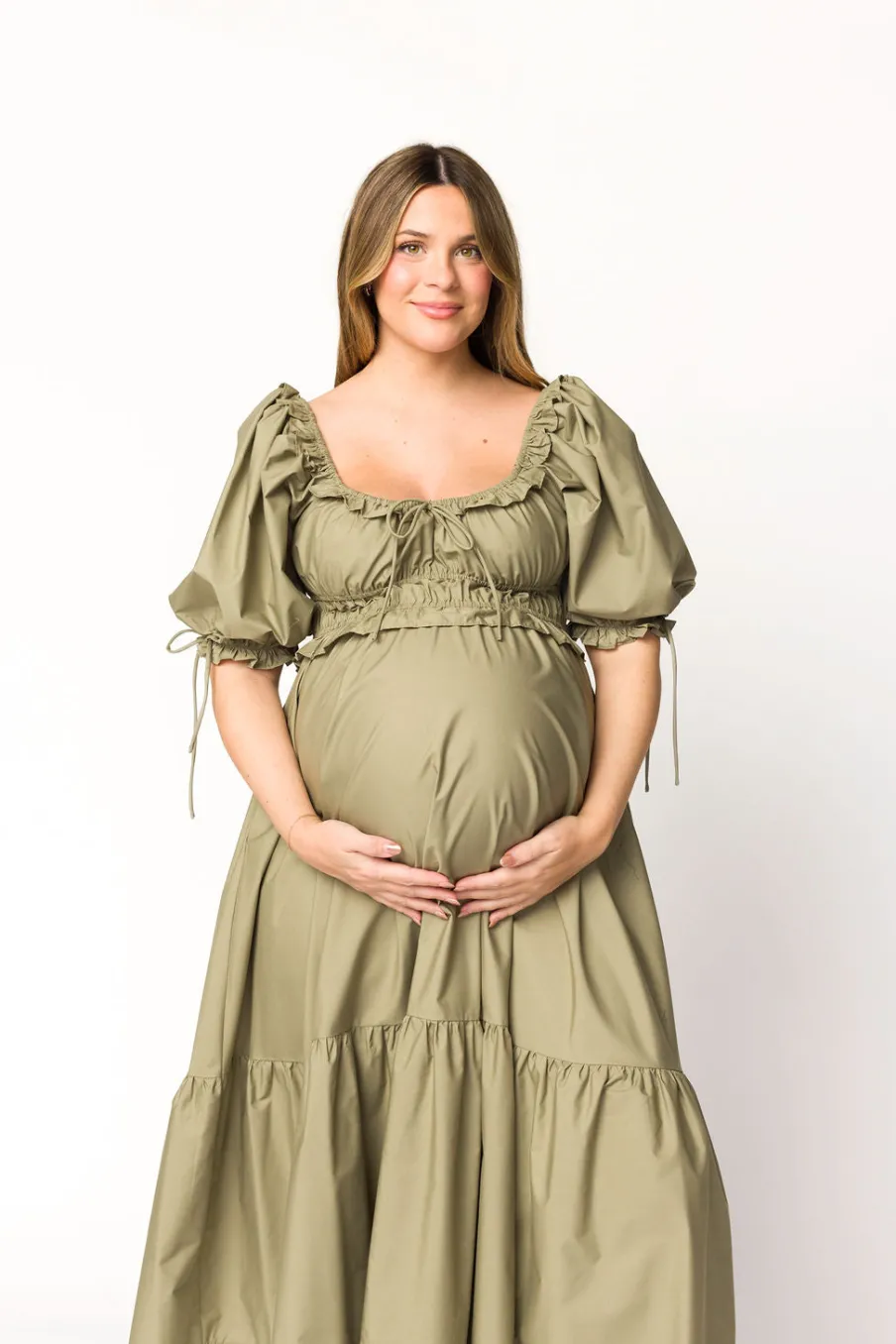 Hot Worth Collective Crissy Ruched Midi Dress in Dusty Olive - Bump Friendly