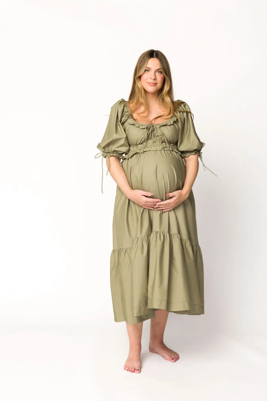 Hot Worth Collective Crissy Ruched Midi Dress in Dusty Olive - Bump Friendly