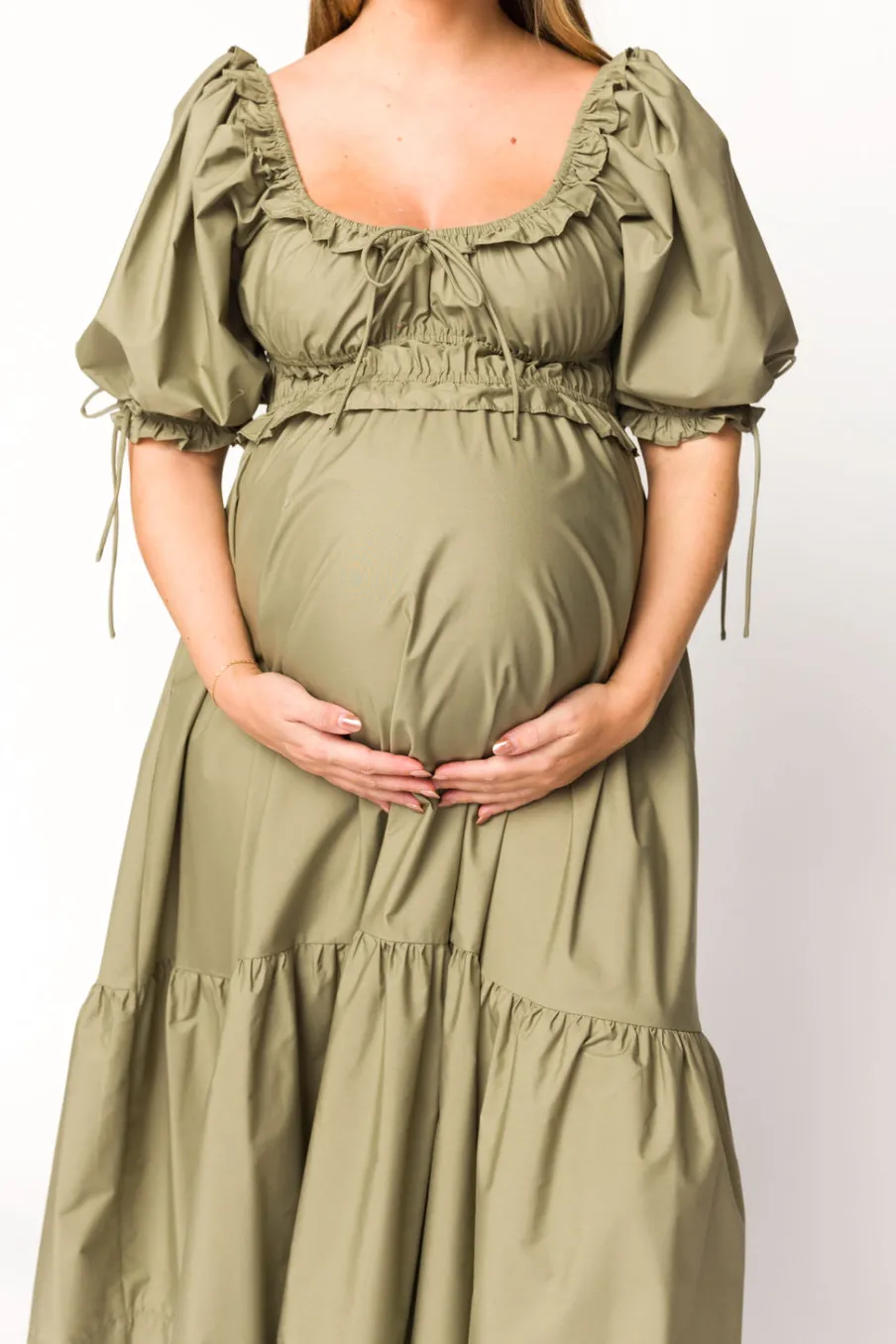 Hot Worth Collective Crissy Ruched Midi Dress in Dusty Olive - Bump Friendly