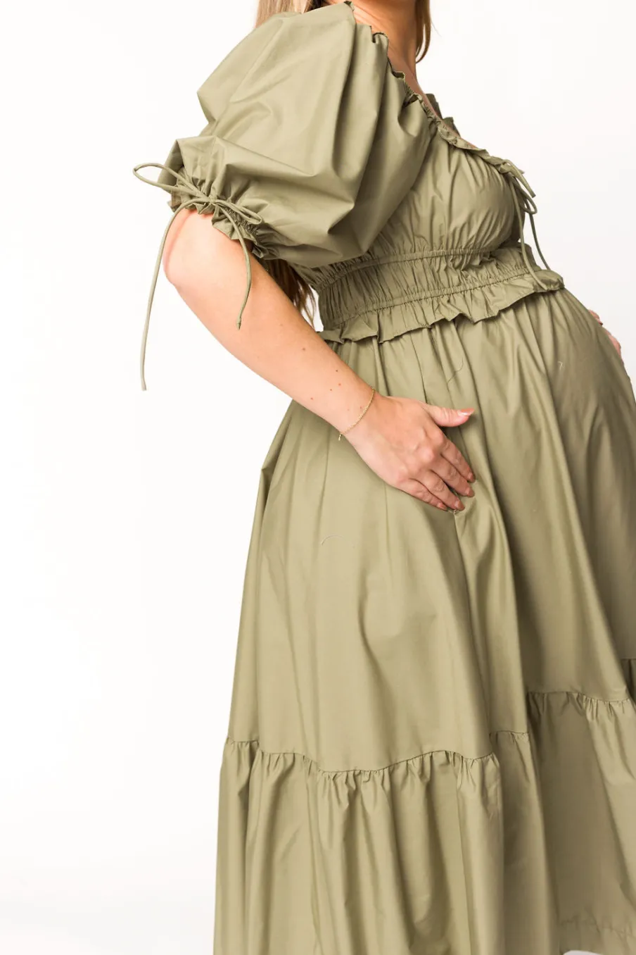 Hot Worth Collective Crissy Ruched Midi Dress in Dusty Olive - Bump Friendly