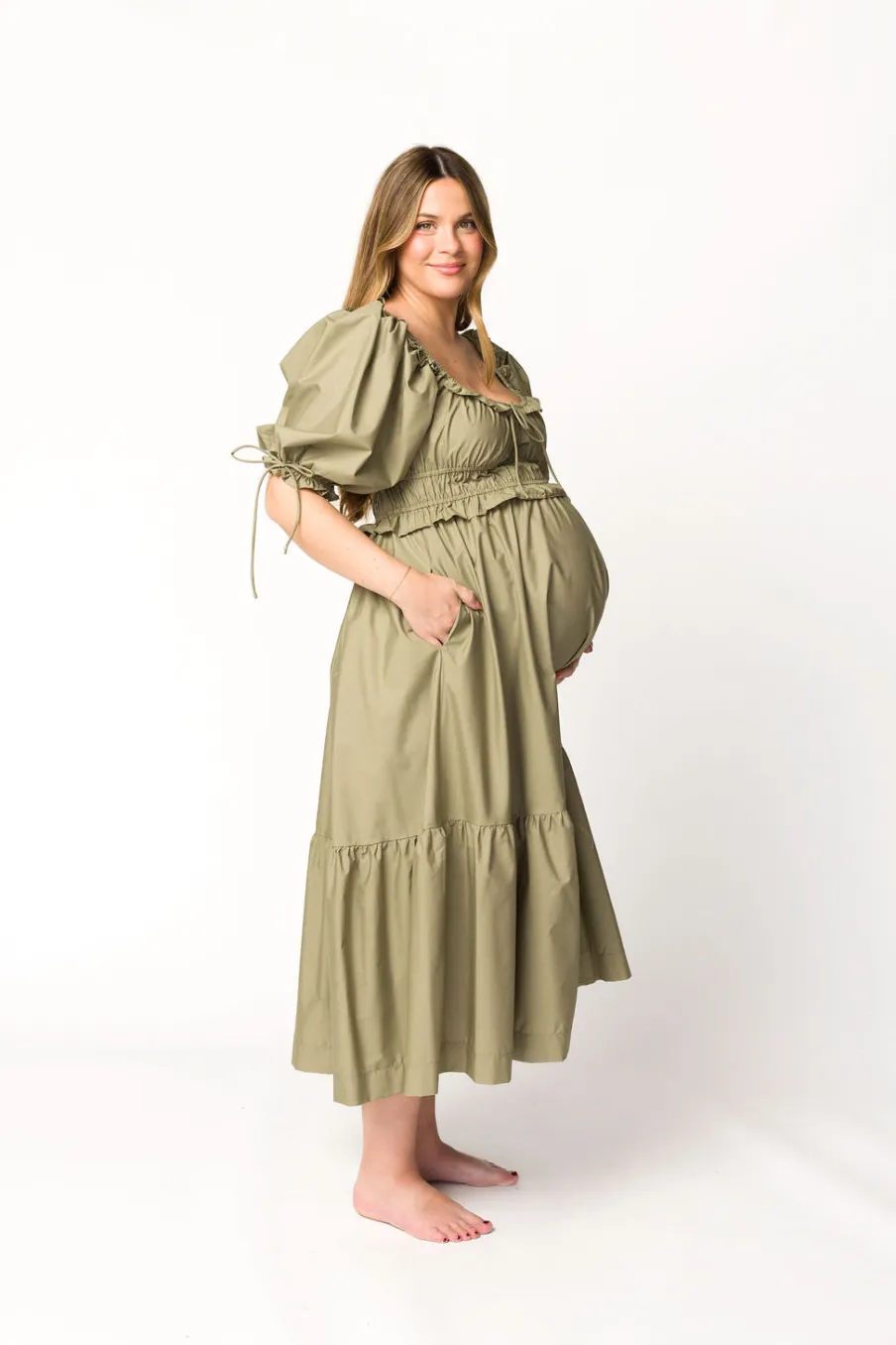 Hot Worth Collective Crissy Ruched Midi Dress in Dusty Olive - Bump Friendly