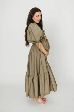 Hot Worth Collective Crissy Ruched Midi Dress in Dusty Olive - Bump Friendly