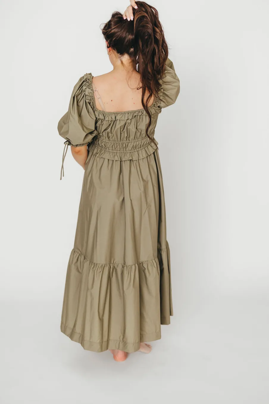 Hot Worth Collective Crissy Ruched Midi Dress in Dusty Olive - Bump Friendly