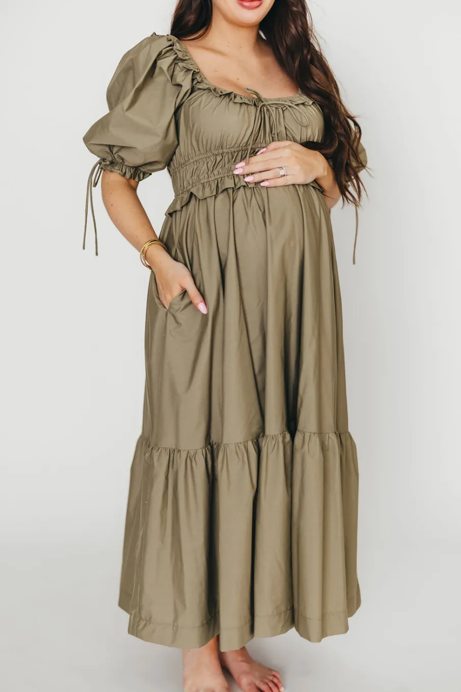 Hot Worth Collective Crissy Ruched Midi Dress in Dusty Olive - Bump Friendly