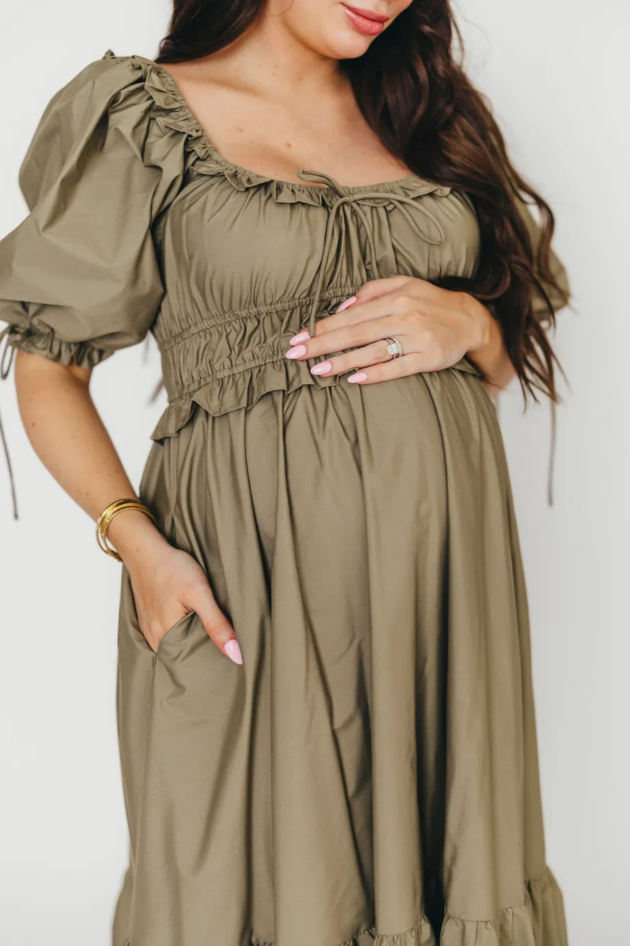 Hot Worth Collective Crissy Ruched Midi Dress in Dusty Olive - Bump Friendly