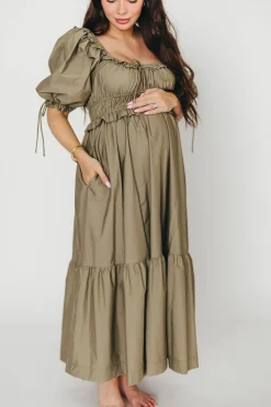 Hot Worth Collective Crissy Ruched Midi Dress in Dusty Olive - Bump Friendly
