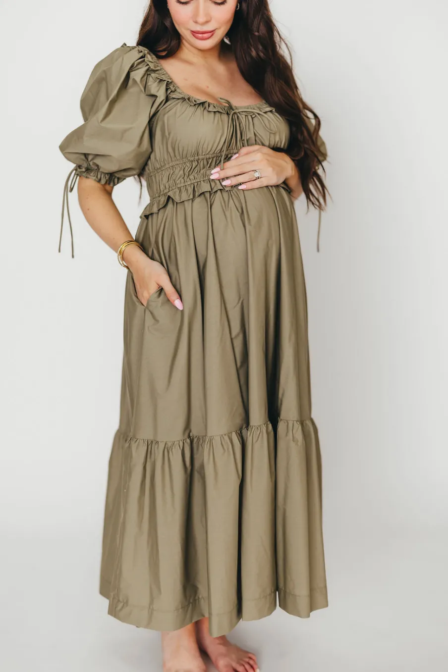 Hot Worth Collective Crissy Ruched Midi Dress in Dusty Olive - Bump Friendly