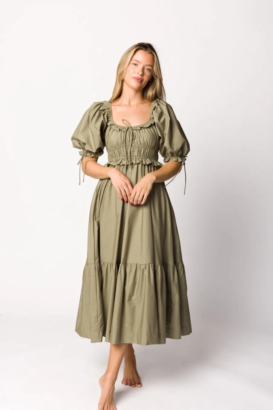 Hot Worth Collective Crissy Ruched Midi Dress in Dusty Olive - Bump Friendly