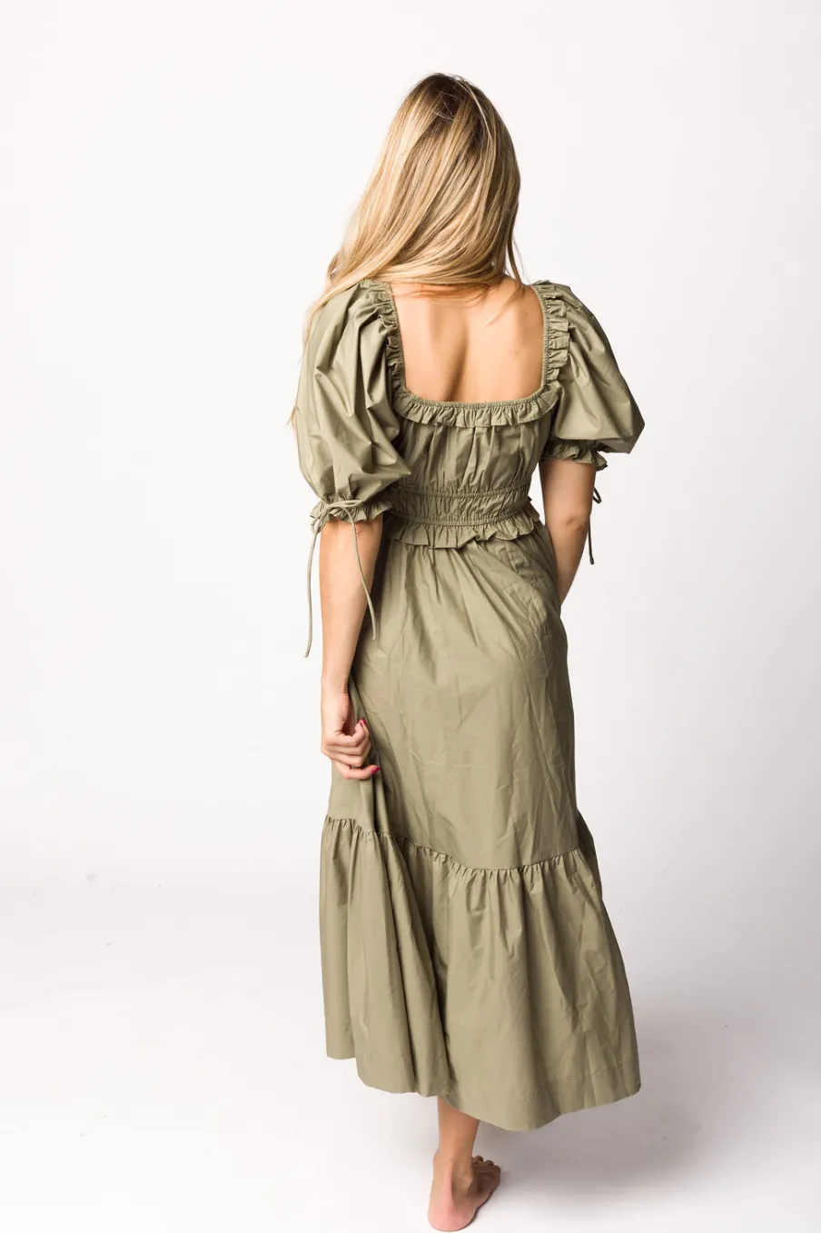 Hot Worth Collective Crissy Ruched Midi Dress in Dusty Olive - Bump Friendly
