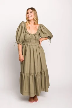 Hot Worth Collective Crissy Ruched Midi Dress in Dusty Olive - Bump Friendly