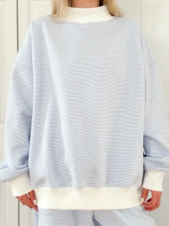 Clearance Worth Collective Cynthia Mini Striped Mock Neck Sweatshirt Blue and White