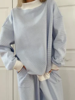 Clearance Worth Collective Cynthia Mini Striped Mock Neck Sweatshirt Blue and White