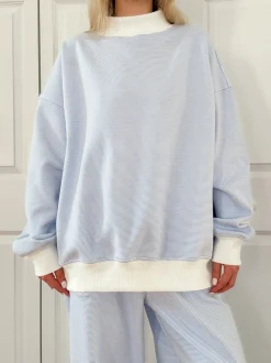Clearance Worth Collective Cynthia Mini Striped Mock Neck Sweatshirt Blue and White