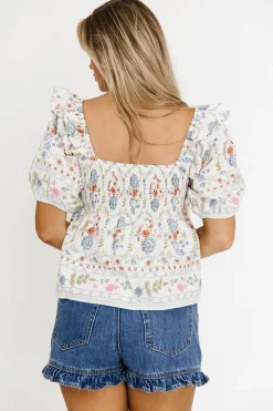 Online Worth Collective Dahlia Floral Puff Sleeve Blouse in Cream