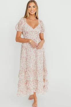 New Worth Collective Danielle Corset Maxi Dress in White/Pink Floral