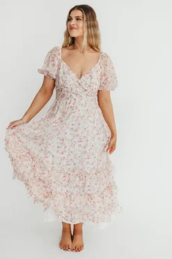 New Worth Collective Danielle Corset Maxi Dress in White/Pink Floral