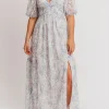 New Worth Collective Daphne High Slit Eyelet Detail Maxi Dress in Blue and White Floral - I
