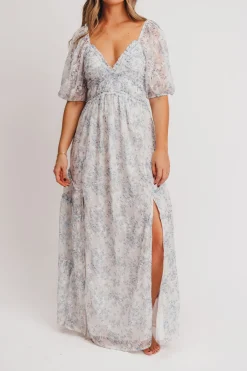 New Worth Collective Daphne High Slit Eyelet Detail Maxi Dress in Blue and White Floral - I
