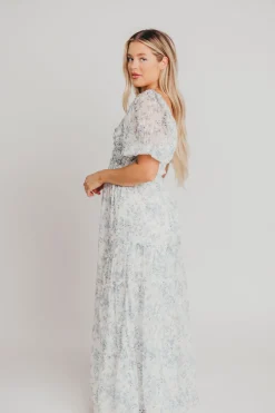 New Worth Collective Daphne High Slit Eyelet Detail Maxi Dress in Blue and White Floral - I