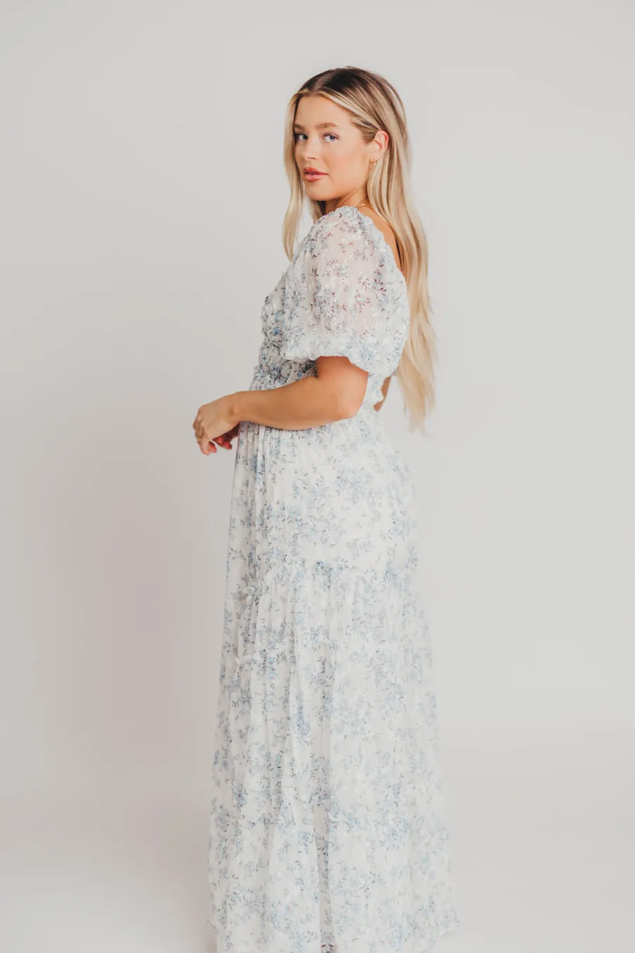 New Worth Collective Daphne High Slit Eyelet Detail Maxi Dress in Blue and White Floral - I