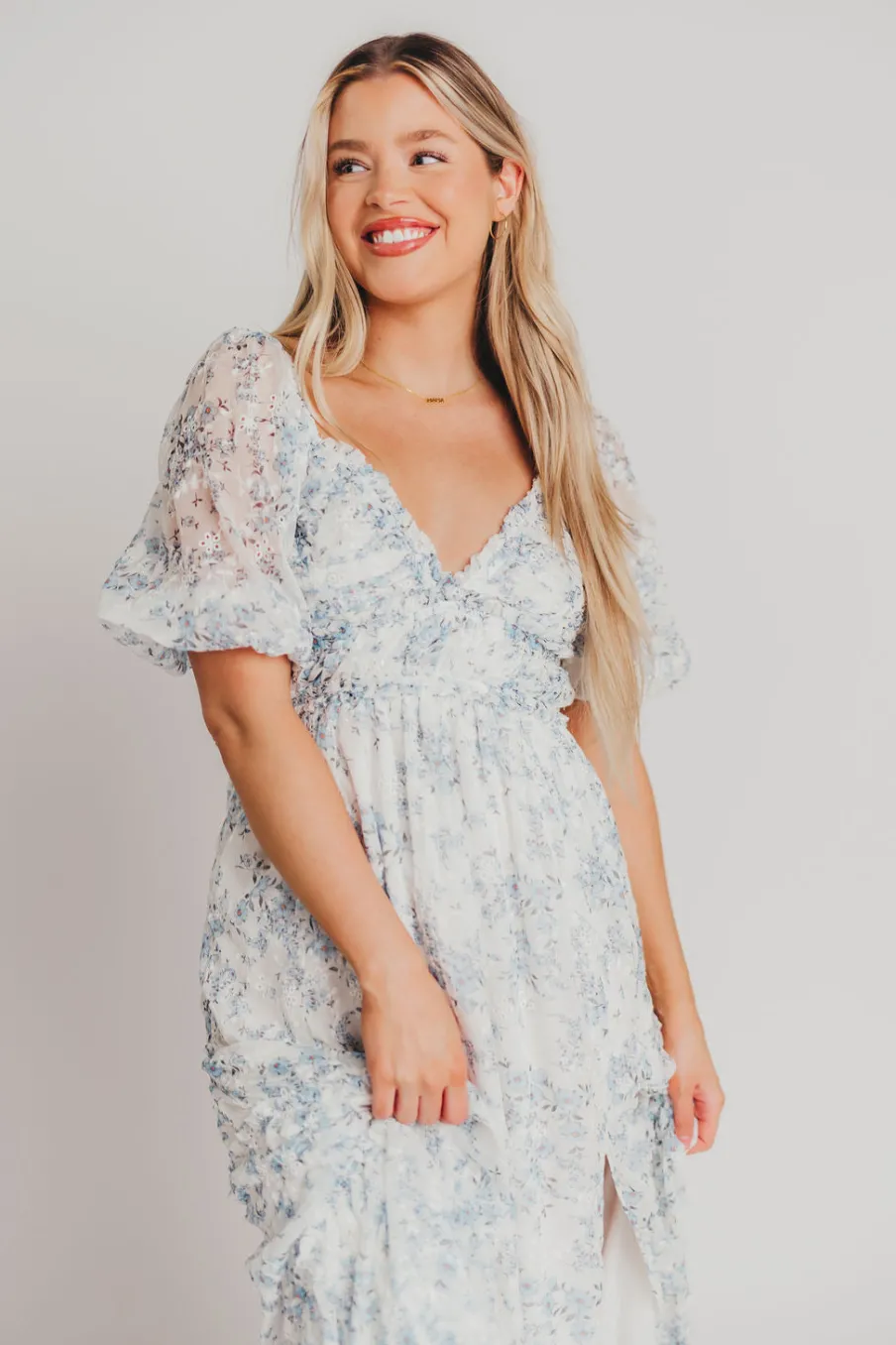 New Worth Collective Daphne High Slit Eyelet Detail Maxi Dress in Blue and White Floral - I