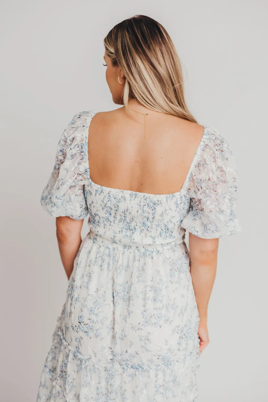 New Worth Collective Daphne High Slit Eyelet Detail Maxi Dress in Blue and White Floral - I