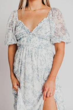 New Worth Collective Daphne High Slit Eyelet Detail Maxi Dress in Blue and White Floral - I