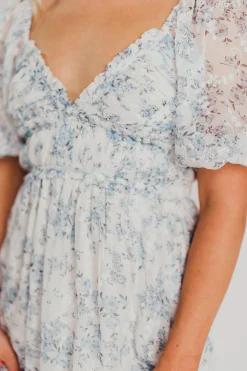 New Worth Collective Daphne High Slit Eyelet Detail Maxi Dress in Blue and White Floral - I