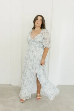 New Worth Collective Daphne High Slit Eyelet Detail Maxi Dress in Blue and White Floral - I