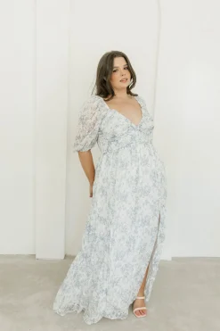 New Worth Collective Daphne High Slit Eyelet Detail Maxi Dress in Blue and White Floral - I