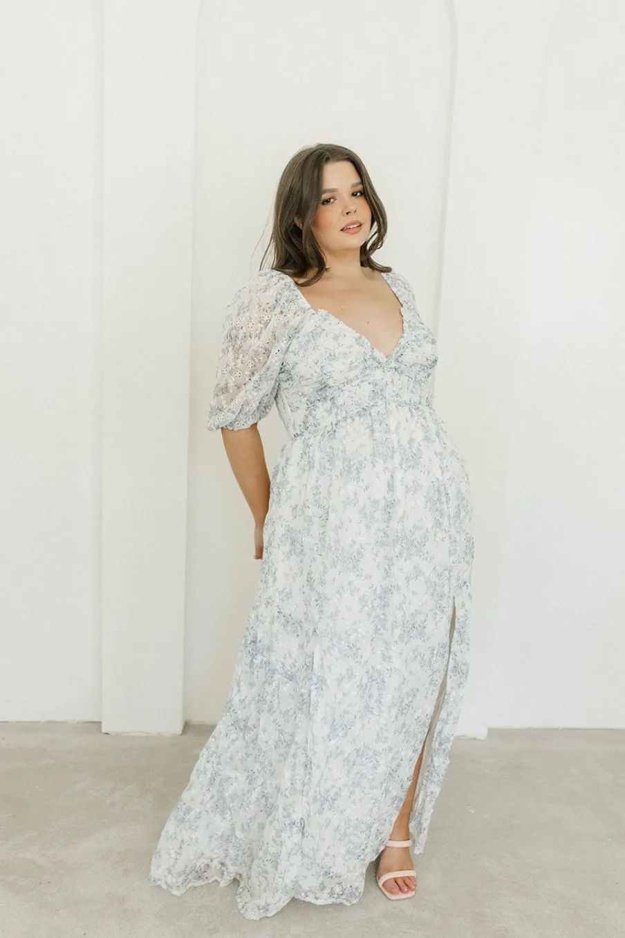 New Worth Collective Daphne High Slit Eyelet Detail Maxi Dress in Blue and White Floral - I