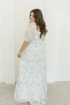 New Worth Collective Daphne High Slit Eyelet Detail Maxi Dress in Blue and White Floral - I