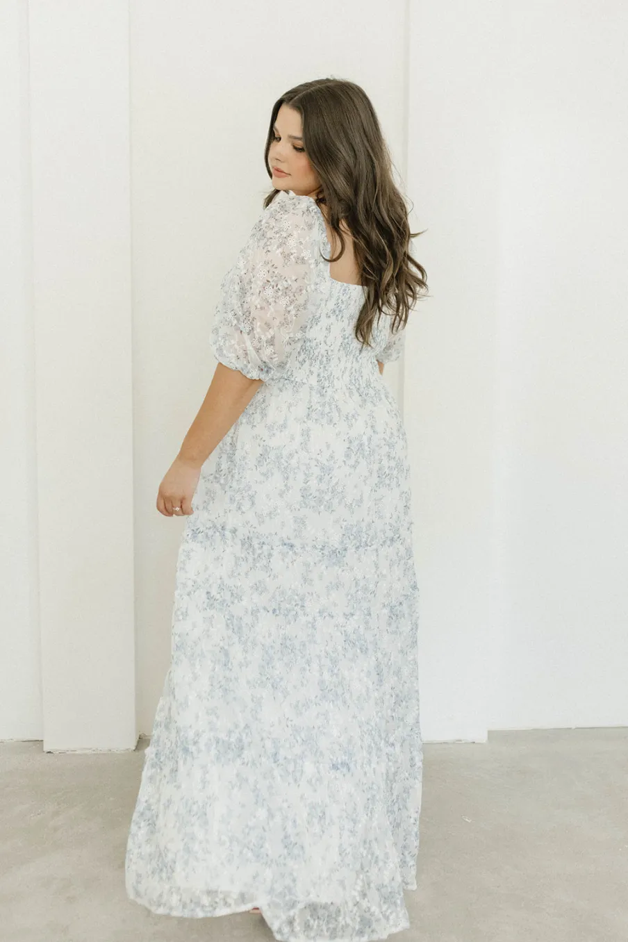 New Worth Collective Daphne High Slit Eyelet Detail Maxi Dress in Blue and White Floral - I