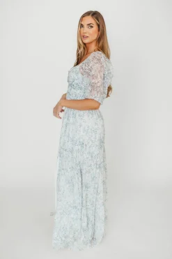New Worth Collective Daphne High Slit Eyelet Detail Maxi Dress in Blue and White Floral - I