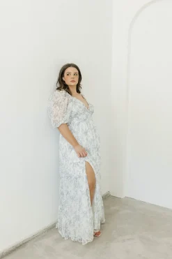 New Worth Collective Daphne High Slit Eyelet Detail Maxi Dress in Blue and White Floral - I
