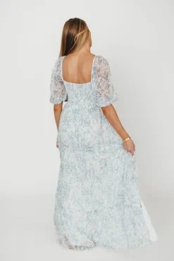 New Worth Collective Daphne High Slit Eyelet Detail Maxi Dress in Blue and White Floral - I